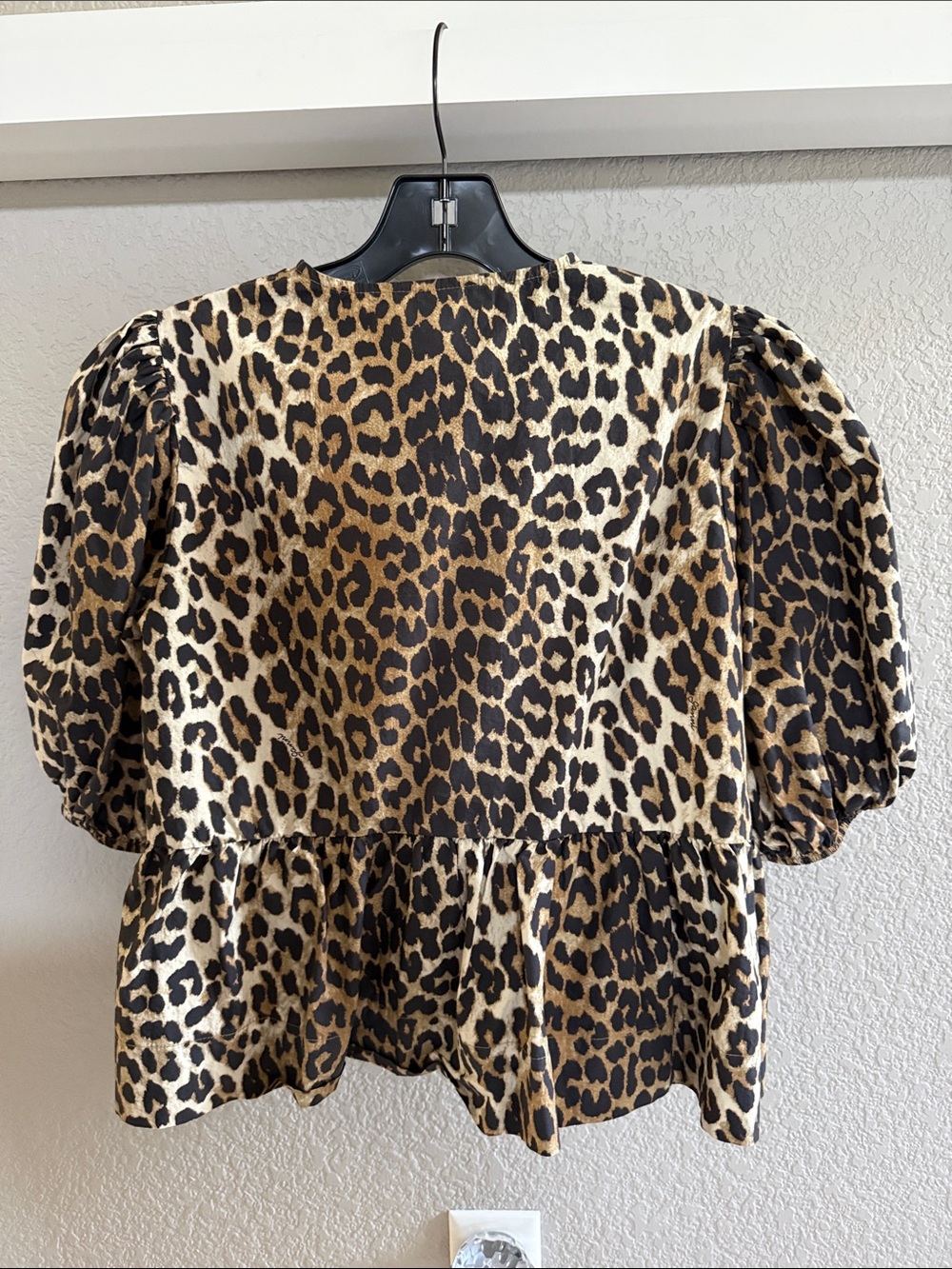 Ganni Leopard Print Puff Sleeve Cotton Peplum Top - Brown/Black Sz 36 (US 4) - Picture 3 of 10